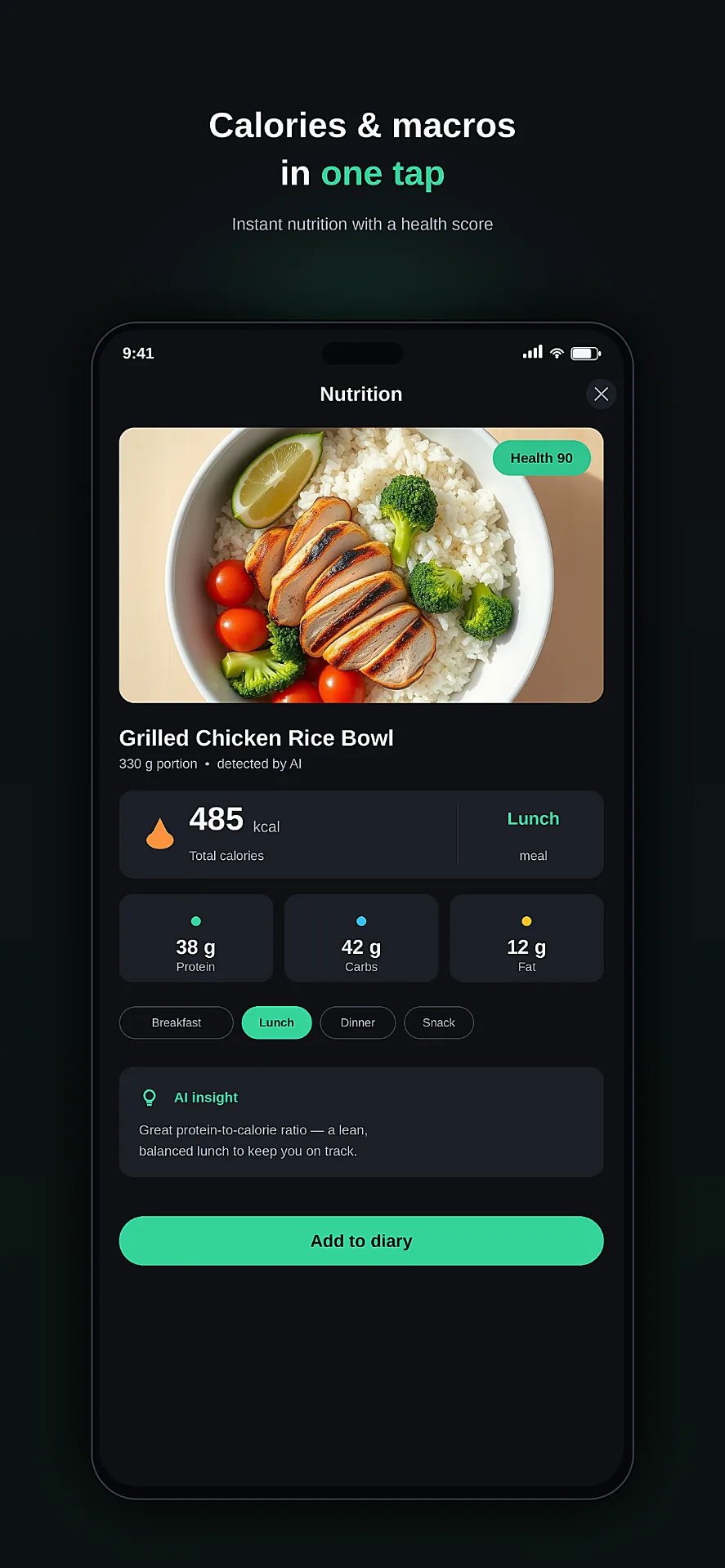 Nutrition results with calories, macros and health score