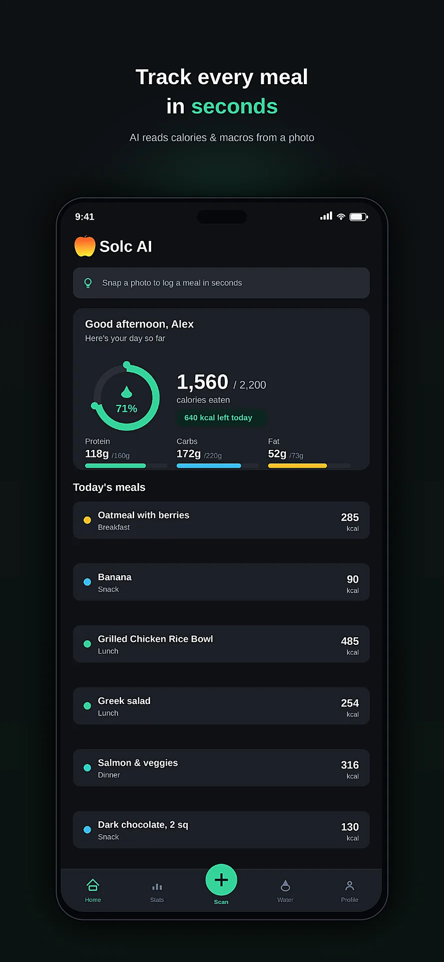 Solc AI daily home screen with calories and macros
