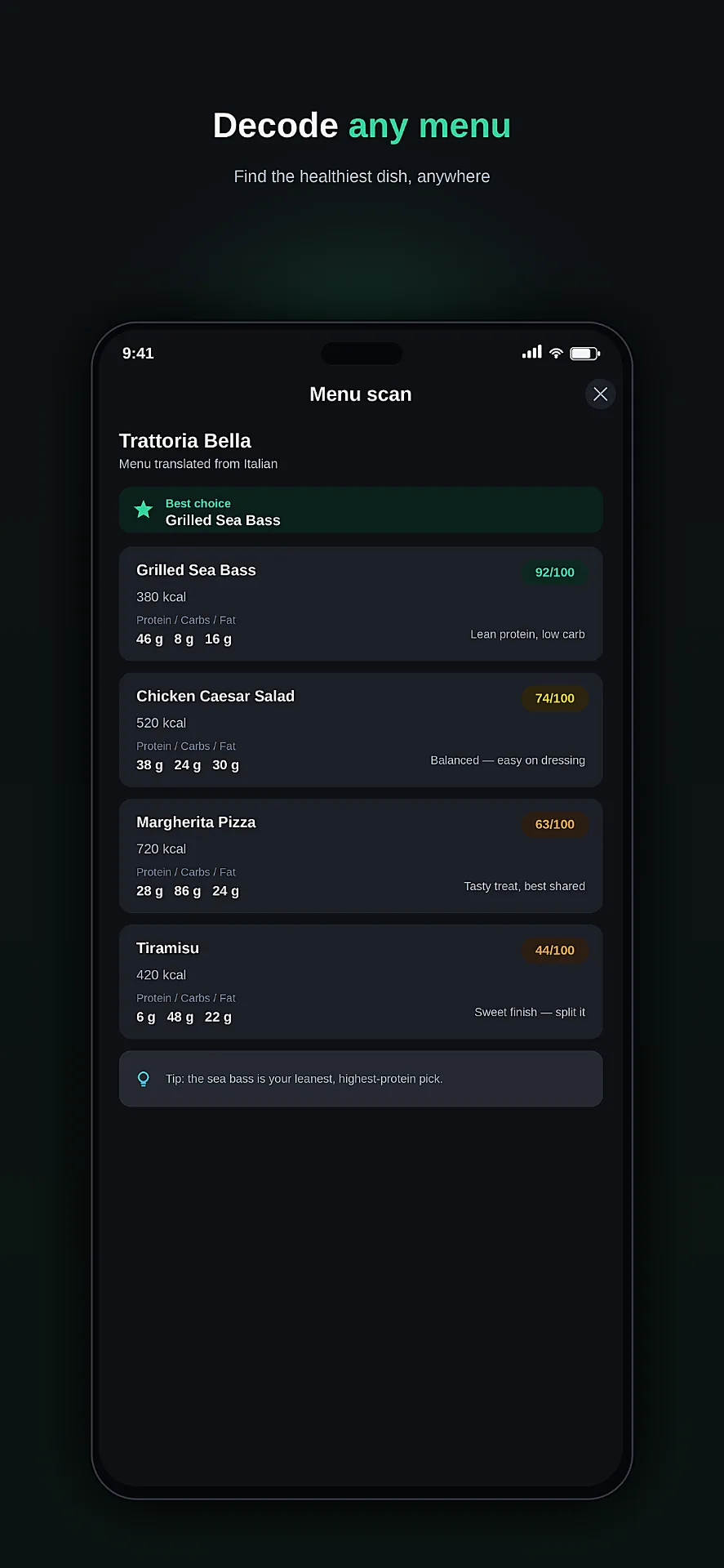 Menu scan with health scores for each dish